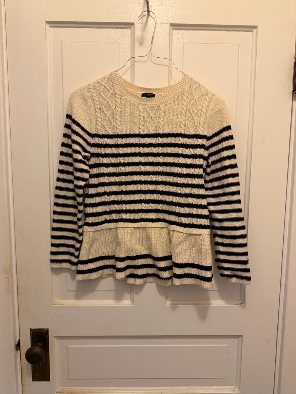 Talbots Black & Cream Striped Peplum Cable Knit Sweater